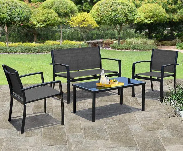 Main image of 4 Pieces Patio Furniture Set Modern Conversation Set Outdoor Garden Patio Bistro Set with Glass Coffee Table for Home, Porch, Lawn (Black)