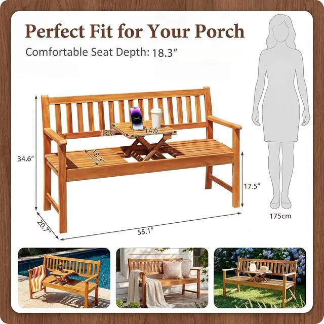 Alt view image 3 of 7 - Outdoor Bench with Pull-Up Center Table, Acacia Wood Bench Folding Loveseat for 2 Person, Weather-Resistant Patio Seating for Garden, Backyard, Porch, Poolside, Log Brown