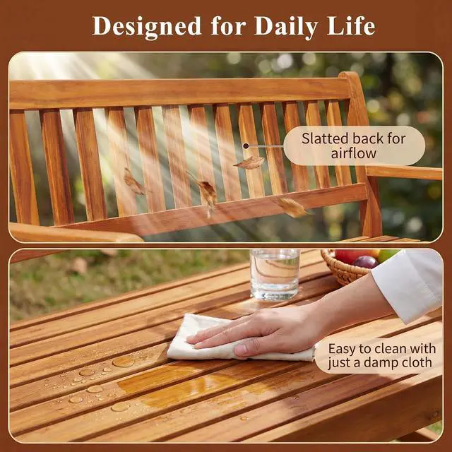 Alt view image 6 of 7 - Outdoor Bench with Pull-Up Center Table, Acacia Wood Bench Folding Loveseat for 2 Person, Weather-Resistant Patio Seating for Garden, Backyard, Porch, Poolside, Log Brown