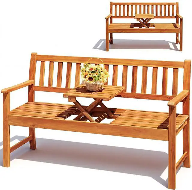 Main image of Outdoor Bench with Pull-Up Center Table, Acacia Wood Bench Folding Loveseat for 2 Person, Weather-Resistant Patio Seating for Garden, Backyard, Porch, Poolside, Log Brown