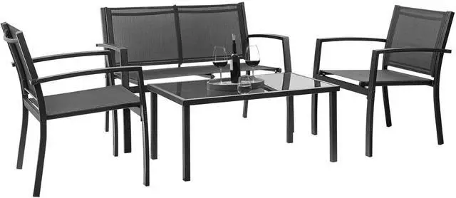 Alt view image 2 of 7 - 4 Pieces Patio Furniture Set Modern Conversation Set Outdoor Garden Patio Bistro Set with Glass Coffee Table for Home, Porch, Lawn (Black)