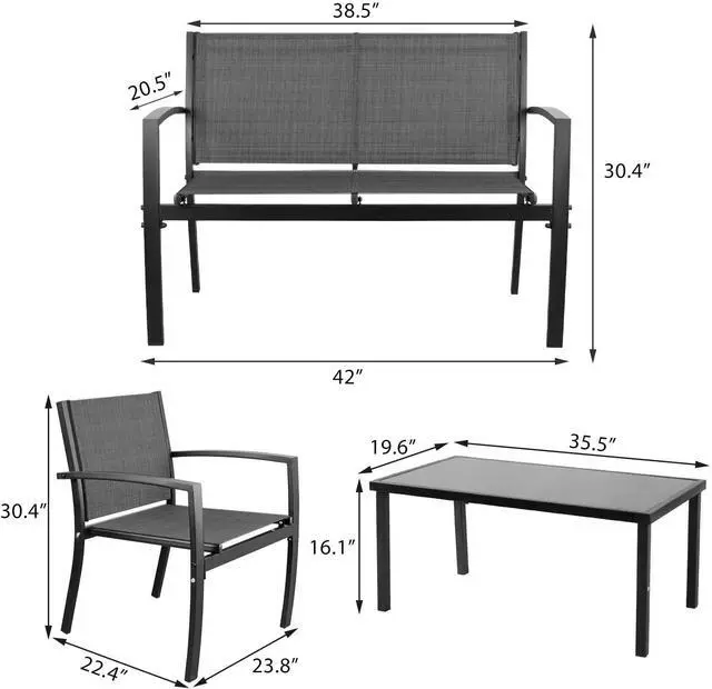 Alt view image 7 of 7 - 4 Pieces Patio Furniture Set Modern Conversation Set Outdoor Garden Patio Bistro Set with Glass Coffee Table for Home, Porch, Lawn (Black)