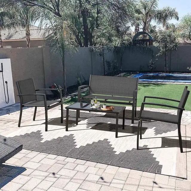 Alt view image 6 of 7 - 4 Pieces Patio Furniture Set Modern Conversation Set Outdoor Garden Patio Bistro Set with Glass Coffee Table for Home, Porch, Lawn (Black)
