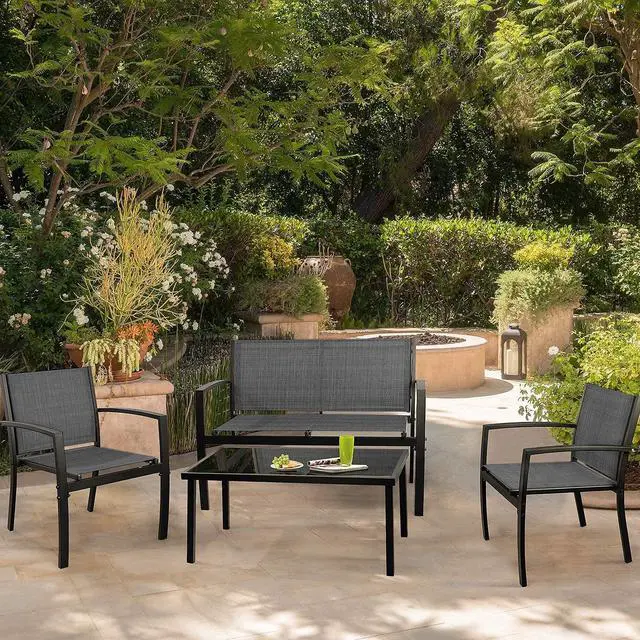 Alt view image 5 of 7 - 4 Pieces Patio Furniture Set Modern Conversation Set Outdoor Garden Patio Bistro Set with Glass Coffee Table for Home, Porch, Lawn (Black)