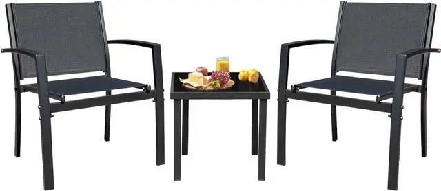 Main image of 3 Pieces Patio Furniture Set Outdoor Textilene Patio Chairs with Coffee Table Modern Patio Conversation Bistro Set for Lawn, Garden, Balcony, Poolside and Porch (Black)