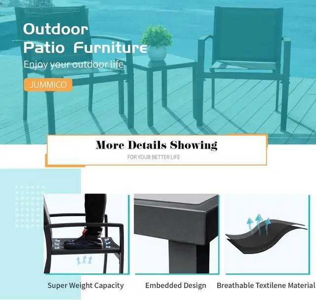 Alt view image 4 of 6 - 3 Pieces Patio Furniture Set Outdoor Textilene Patio Chairs with Coffee Table Modern Patio Conversation Bistro Set for Lawn, Garden, Balcony, Poolside and Porch (Black)