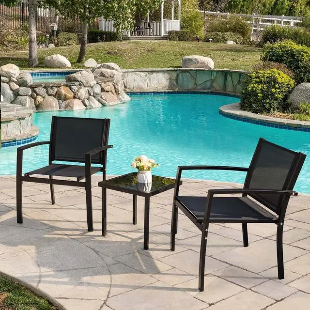Alt view image 2 of 6 - 3 Pieces Patio Furniture Set Outdoor Textilene Patio Chairs with Coffee Table Modern Patio Conversation Bistro Set for Lawn, Garden, Balcony, Poolside and Porch (Black)
