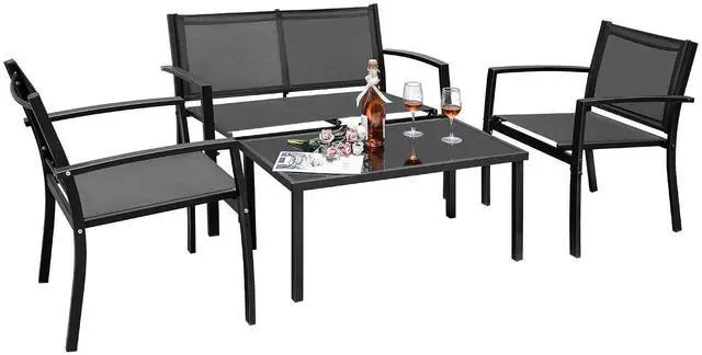 Main image of 4 Pieces Outdoor Patio Furniture Textilene Modern Conversation Black Bistro Set with Loveseat Tea Table for Home, Lawn and Balcony