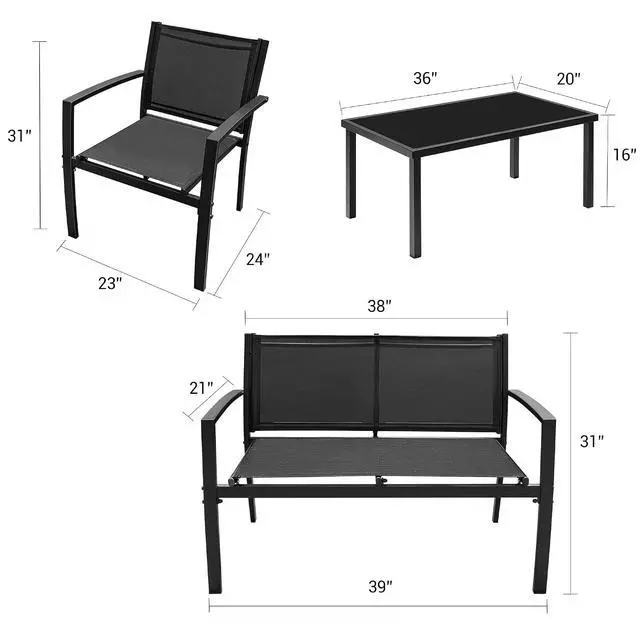 Alt view image 7 of 7 - 4 Pieces Outdoor Patio Furniture Textilene Modern Conversation Black Bistro Set with Loveseat Tea Table for Home, Lawn and Balcony