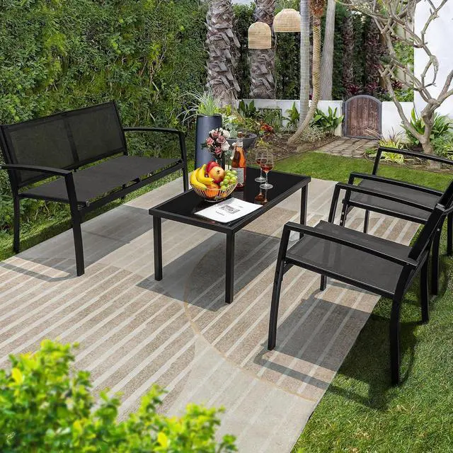 Alt view image 2 of 7 - 4 Pieces Outdoor Patio Furniture Textilene Modern Conversation Black Bistro Set with Loveseat Tea Table for Home, Lawn and Balcony