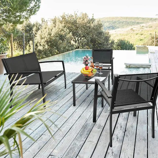 Alt view image 6 of 7 - 4 Pieces Outdoor Patio Furniture Textilene Modern Conversation Black Bistro Set with Loveseat Tea Table for Home, Lawn and Balcony