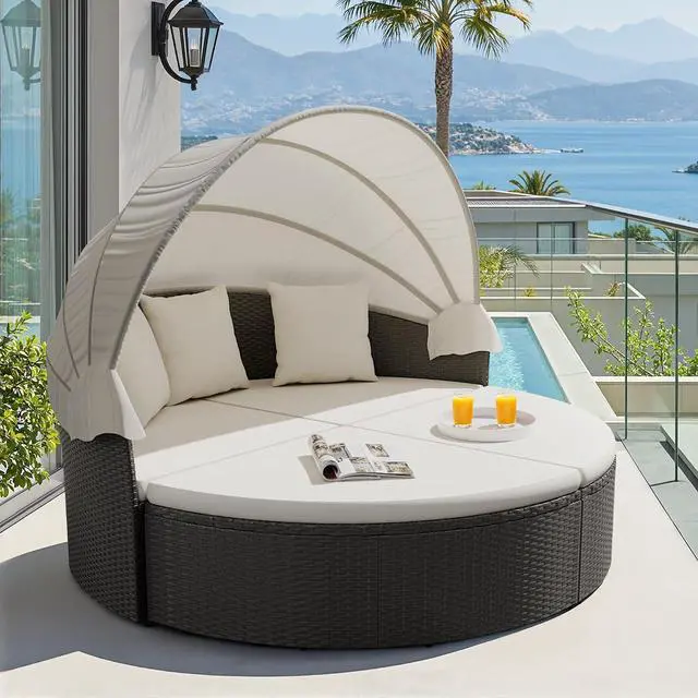 Main image of Patio Furniture Outdoor Round Daybed with Retractable Canopy Wicker Rattan Separated Seating Sectional Sofa for Patio Lawn Garden Backyard Porch
