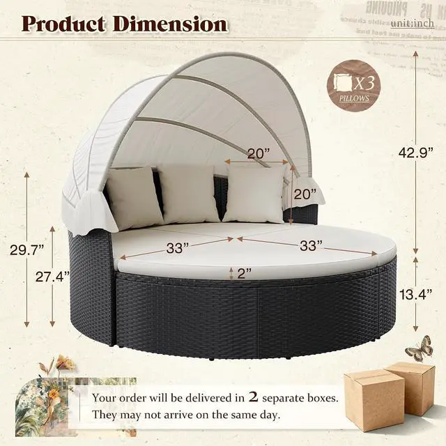 Alt view image 2 of 7 - Patio Furniture Outdoor Round Daybed with Retractable Canopy Wicker Rattan Separated Seating Sectional Sofa for Patio Lawn Garden Backyard Porch