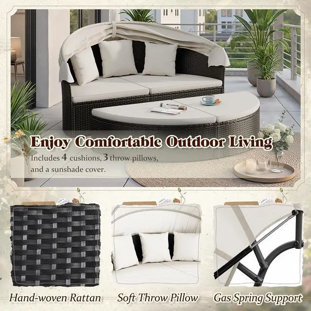 Alt view image 4 of 7 - Patio Furniture Outdoor Round Daybed with Retractable Canopy Wicker Rattan Separated Seating Sectional Sofa for Patio Lawn Garden Backyard Porch