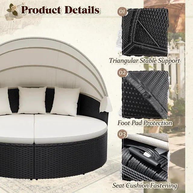 Alt view image 3 of 7 - Patio Furniture Outdoor Round Daybed with Retractable Canopy Wicker Rattan Separated Seating Sectional Sofa for Patio Lawn Garden Backyard Porch