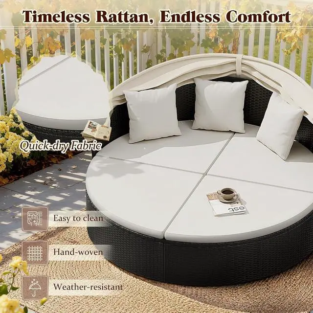 Alt view image 5 of 7 - Patio Furniture Outdoor Round Daybed with Retractable Canopy Wicker Rattan Separated Seating Sectional Sofa for Patio Lawn Garden Backyard Porch