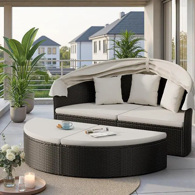 Alt view image 6 of 7 - Patio Furniture Outdoor Round Daybed with Retractable Canopy Wicker Rattan Separated Seating Sectional Sofa for Patio Lawn Garden Backyard Porch