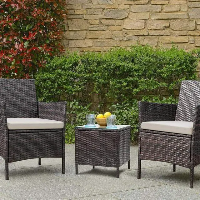 Alt view image 5 of 7 - 3 Pieces Patio Furniture Sets Outdoor Patio Chairs Set of 2 PE Rattan Wicker Chairs with Table for Garden Porch Lawn Poolside(Brown/Beige)