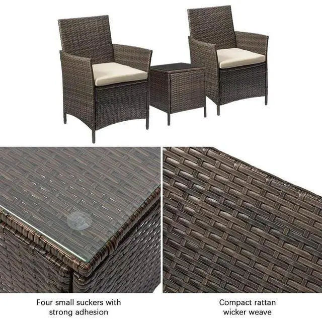 Alt view image 4 of 7 - 3 Pieces Patio Furniture Sets Outdoor Patio Chairs Set of 2 PE Rattan Wicker Chairs with Table for Garden Porch Lawn Poolside(Brown/Beige)