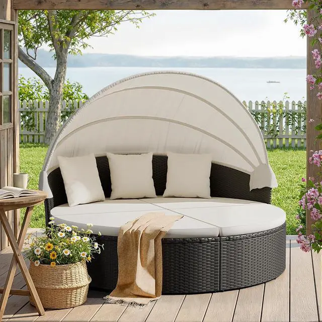Alt view image 7 of 7 - Patio Furniture Outdoor Round Daybed with Retractable Canopy Wicker Rattan Separated Seating Sectional Sofa for Patio Lawn Garden Backyard Porch