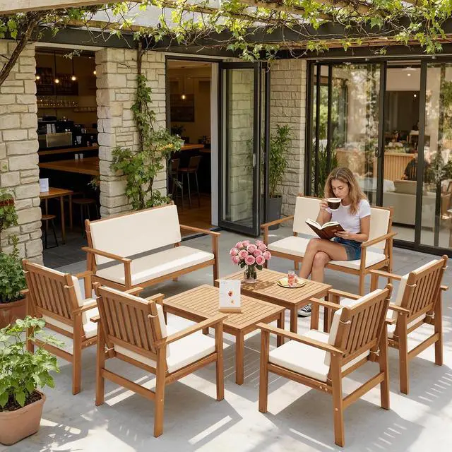 Alt view image 2 of 7 - 8 Piece Outdoor Furniture Set, Outdoor Table and Chairs with Comfy Cushions, Acacia Wood Patio Furniture for Porch, Patio, Garden, Poolside