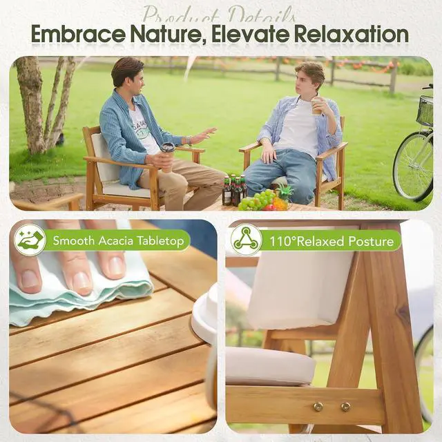 Alt view image 4 of 7 - 8 Piece Outdoor Furniture Set, Outdoor Table and Chairs with Comfy Cushions, Acacia Wood Patio Furniture for Porch, Patio, Garden, Poolside