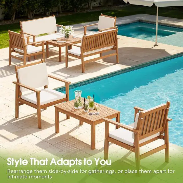 Alt view image 5 of 7 - 8 Piece Outdoor Furniture Set, Outdoor Table and Chairs with Comfy Cushions, Acacia Wood Patio Furniture for Porch, Patio, Garden, Poolside