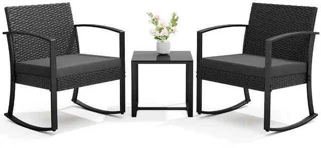 Main image of 3 Piece Patio Rocking Chair Set Outdoor Patio Furniture Set with Coffee Table and Cushions for Balcony Porch Bistro (Grey)