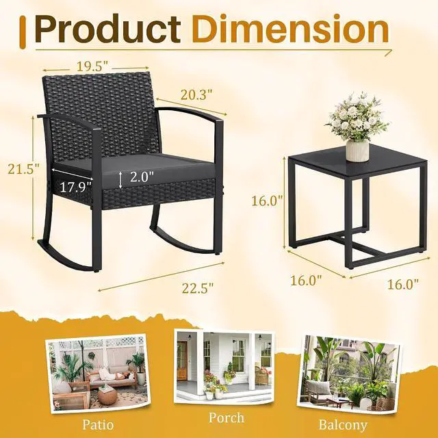 Alt view image 3 of 7 - 3 Piece Patio Rocking Chair Set Outdoor Patio Furniture Set with Coffee Table and Cushions for Balcony Porch Bistro (Grey)