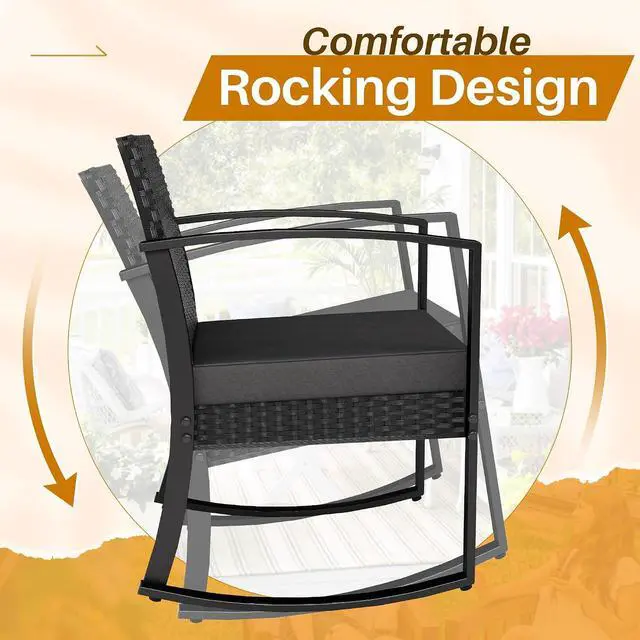 Alt view image 5 of 7 - 3 Piece Patio Rocking Chair Set Outdoor Patio Furniture Set with Coffee Table and Cushions for Balcony Porch Bistro (Grey)