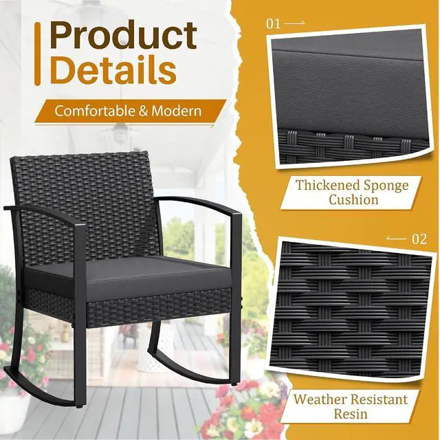 Alt view image 2 of 7 - 3 Piece Patio Rocking Chair Set Outdoor Patio Furniture Set with Coffee Table and Cushions for Balcony Porch Bistro (Grey)