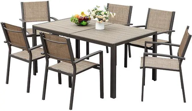 Main image of Outdoor Dining Set 7 Piece Patio Furniture Set with Weather Resistant Table and 6 Textilene Chairs for Yard, Deck and Poolside (Brown)