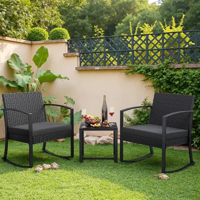Alt view image 7 of 7 - 3 Piece Patio Rocking Chair Set Outdoor Patio Furniture Set with Coffee Table and Cushions for Balcony Porch Bistro (Grey)