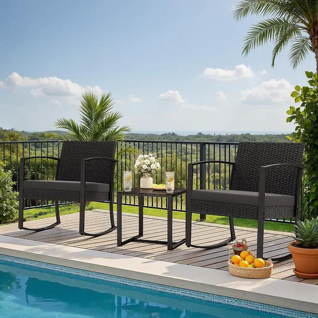 Alt view image 6 of 7 - 3 Piece Patio Rocking Chair Set Outdoor Patio Furniture Set with Coffee Table and Cushions for Balcony Porch Bistro (Grey)