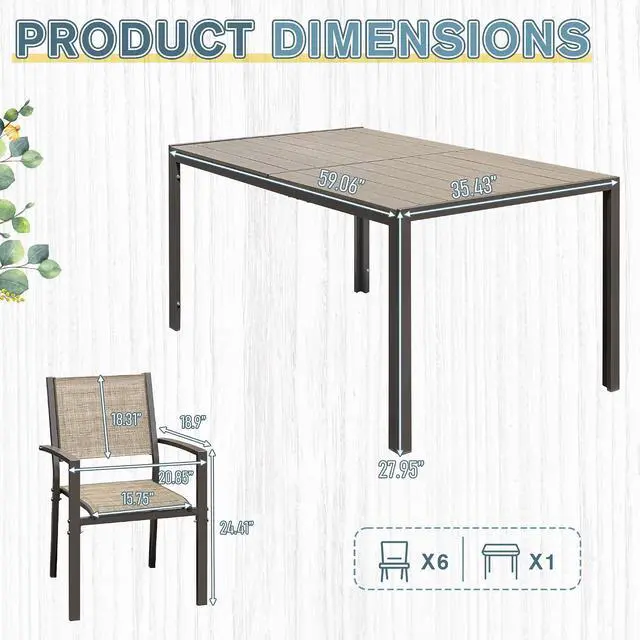 Alt view image 7 of 7 - Outdoor Dining Set 7 Piece Patio Furniture Set with Weather Resistant Table and 6 Textilene Chairs for Yard, Deck and Poolside (Brown)