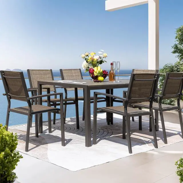 Alt view image 6 of 7 - Outdoor Dining Set 7 Piece Patio Furniture Set with Weather Resistant Table and 6 Textilene Chairs for Yard, Deck and Poolside (Brown)