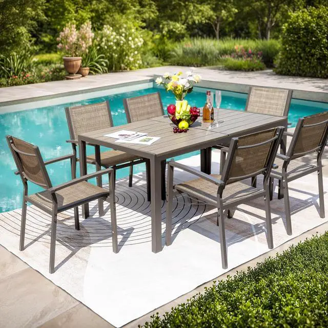 Alt view image 5 of 7 - Outdoor Dining Set 7 Piece Patio Furniture Set with Weather Resistant Table and 6 Textilene Chairs for Yard, Deck and Poolside (Brown)