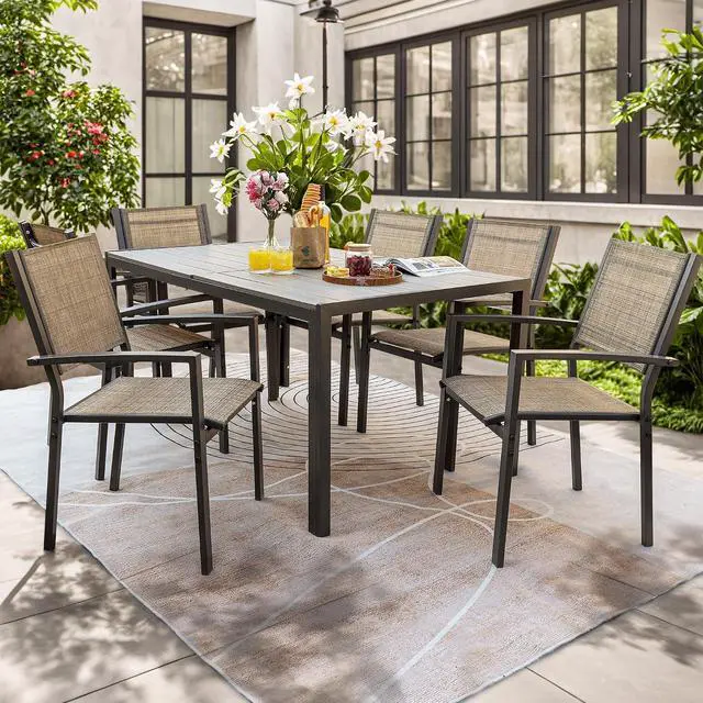 Alt view image 2 of 7 - Outdoor Dining Set 7 Piece Patio Furniture Set with Weather Resistant Table and 6 Textilene Chairs for Yard, Deck and Poolside (Brown)