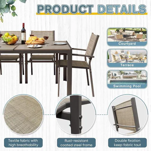 Alt view image 3 of 7 - Outdoor Dining Set 7 Piece Patio Furniture Set with Weather Resistant Table and 6 Textilene Chairs for Yard, Deck and Poolside (Brown)