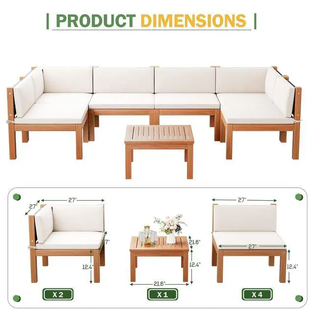 Alt view image 7 of 7 - Outdoor Sectional Couch 7 Pieces Patio Sectional Sofa with Acacia Wood Coffee Table, Outdoor L-Shaped Couch with All-Weather Cushion for Patio,Deck,Backyard(White)