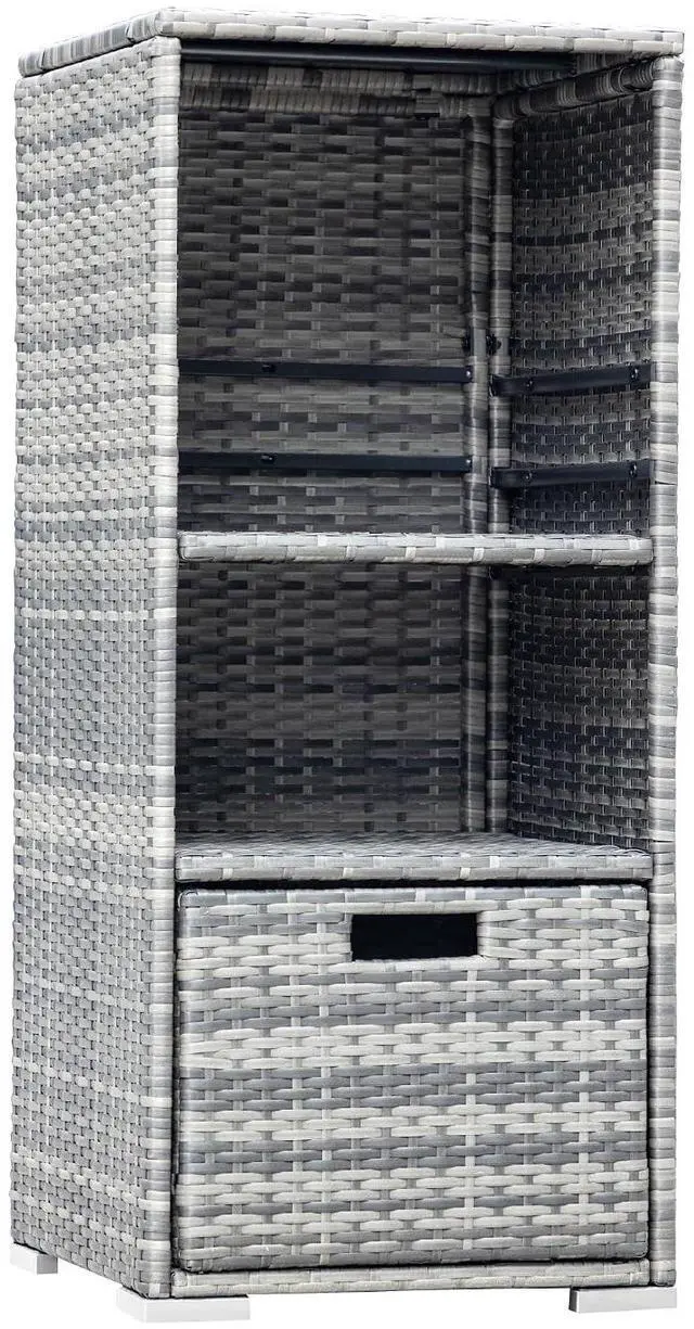 Main image of Outdoor Pool Towel Rack Patio Waterproof Rattan Wicker Storage Cabinet Shed with Shelves & Drawer (Grey)