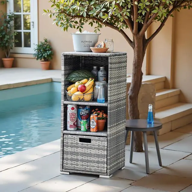 Alt view image 2 of 7 - Outdoor Pool Towel Rack Patio Waterproof Rattan Wicker Storage Cabinet Shed with Shelves & Drawer (Grey)