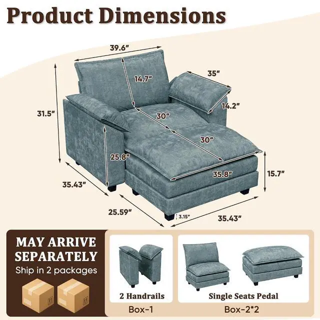 Alt view image 2 of 7 - 40" Chaise Lounge Chair for Single Comfy Upholstered Deep Seat Reading Arm Chair Clould Couch for Living Room, Apartment Office, Small Spaces (Dark Blue-3, Single Sofa)