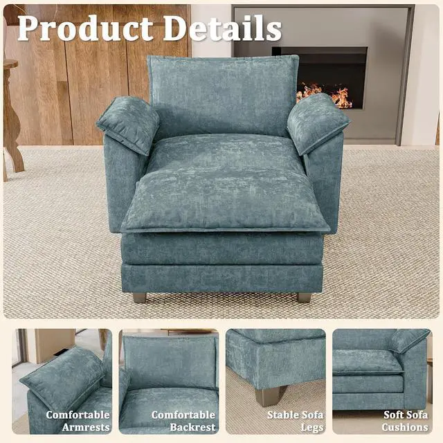 Alt view image 3 of 7 - 40" Chaise Lounge Chair for Single Comfy Upholstered Deep Seat Reading Arm Chair Clould Couch for Living Room, Apartment Office, Small Spaces (Dark Blue-3, Single Sofa)