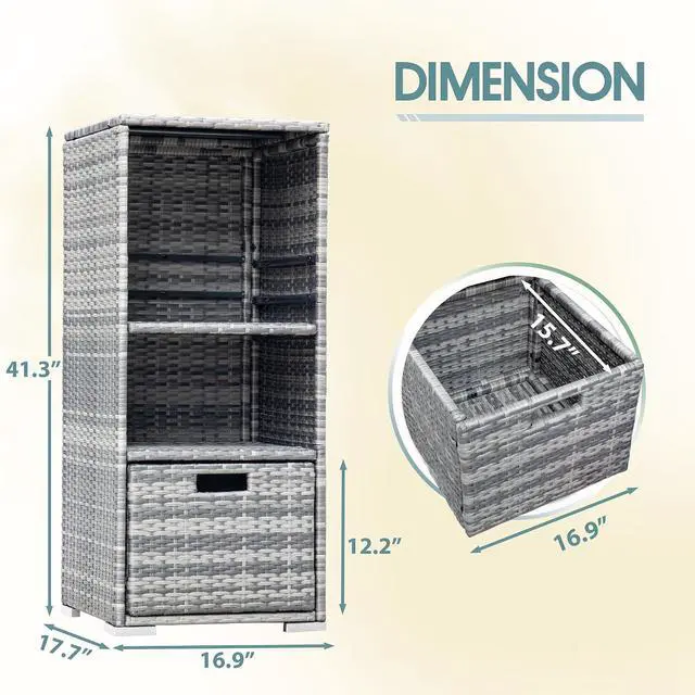 Alt view image 3 of 7 - Outdoor Pool Towel Rack Patio Waterproof Rattan Wicker Storage Cabinet Shed with Shelves & Drawer (Grey)