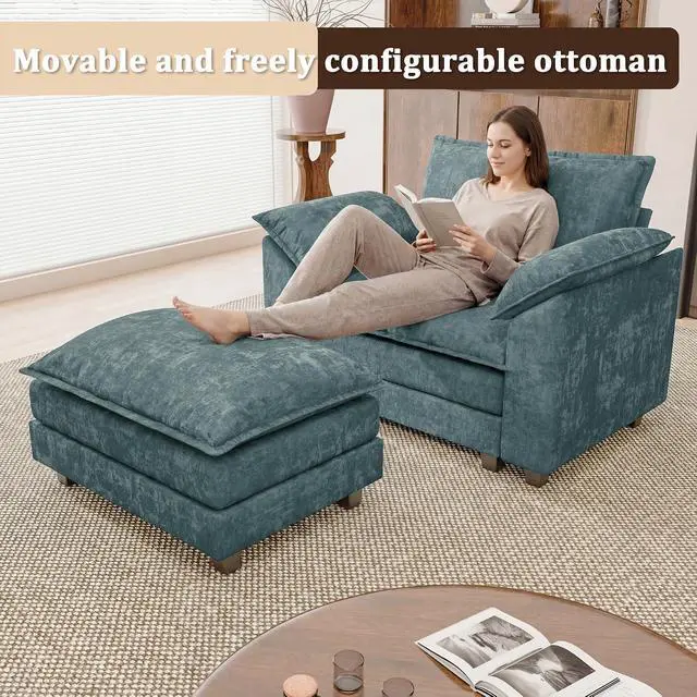 Alt view image 4 of 7 - 40" Chaise Lounge Chair for Single Comfy Upholstered Deep Seat Reading Arm Chair Clould Couch for Living Room, Apartment Office, Small Spaces (Dark Blue-3, Single Sofa)