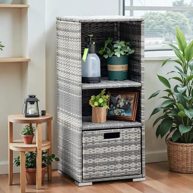 Alt view image 4 of 7 - Outdoor Pool Towel Rack Patio Waterproof Rattan Wicker Storage Cabinet Shed with Shelves & Drawer (Grey)