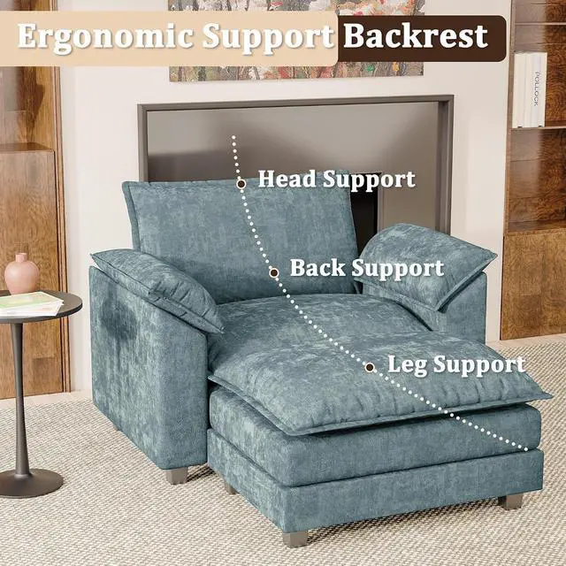 Alt view image 6 of 7 - 40" Chaise Lounge Chair for Single Comfy Upholstered Deep Seat Reading Arm Chair Clould Couch for Living Room, Apartment Office, Small Spaces (Dark Blue-3, Single Sofa)