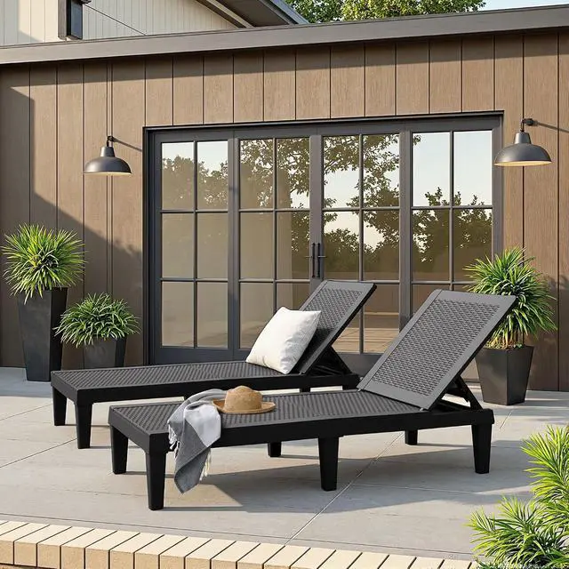 Alt view image 7 of 7 - Patio Chaise Lounge Chair Set of 2 Outdoor PE Waterproof Adjustable Easy Assembly Lounge Chairs for Outside Pool Garden Deck Beach (Black, Set of 2)