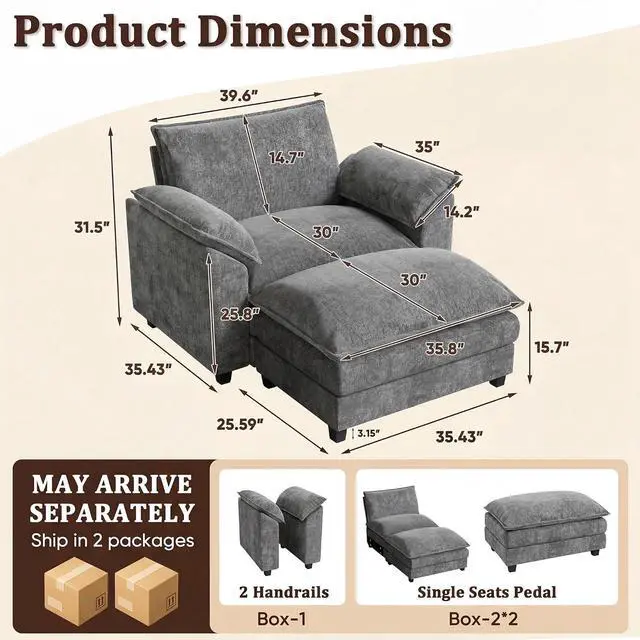 Alt view image 2 of 7 - 40" Chaise Lounge Chair for Single Comfy Upholstered Deep Seat Reading Arm Chair Clould Couch for Living Room, Apartment Office, Small Spaces (Light Grey-3, Single Sofa)
